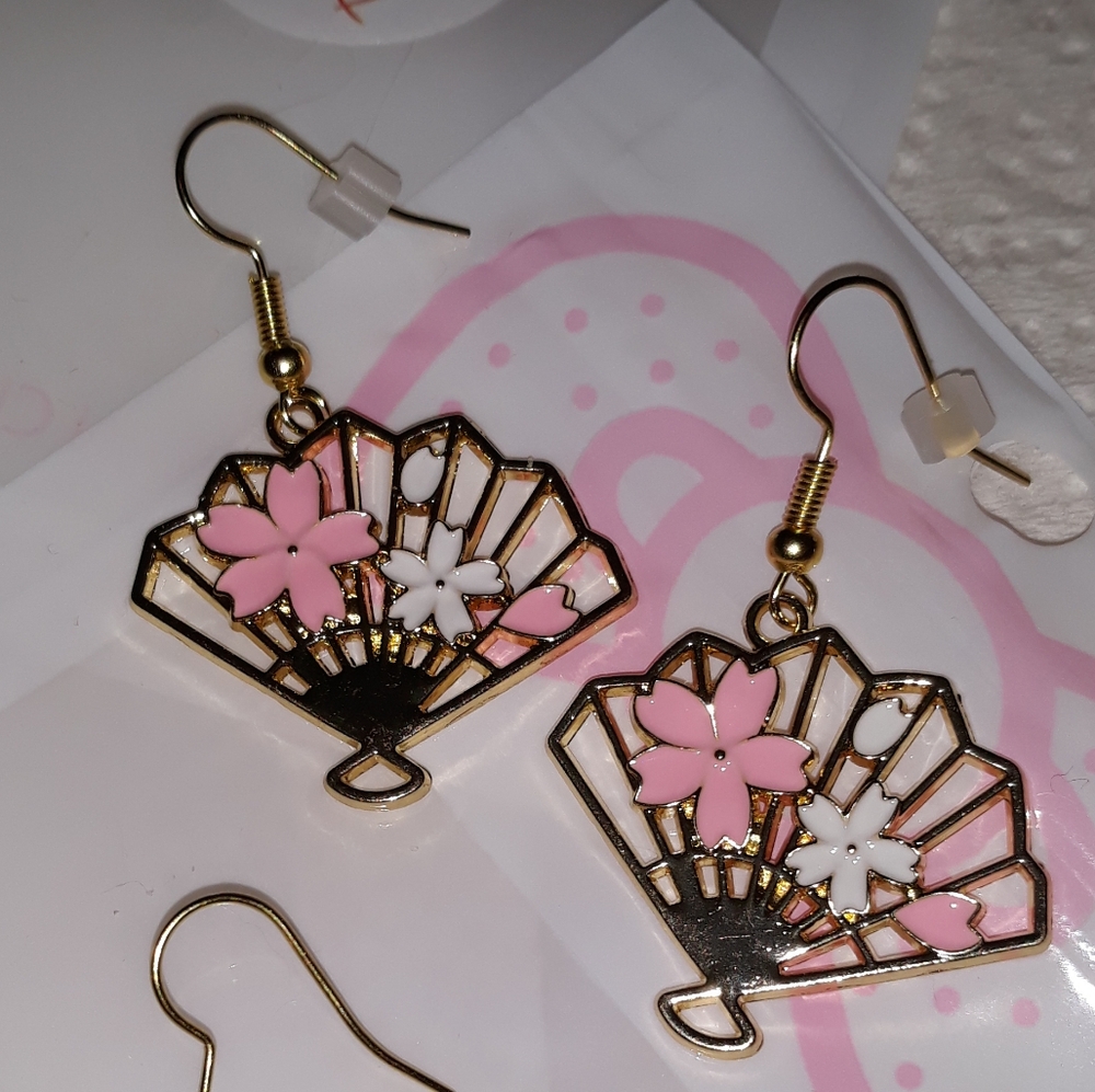 Gold-Tone Fan Drop Earrings with Pink Floral Accents